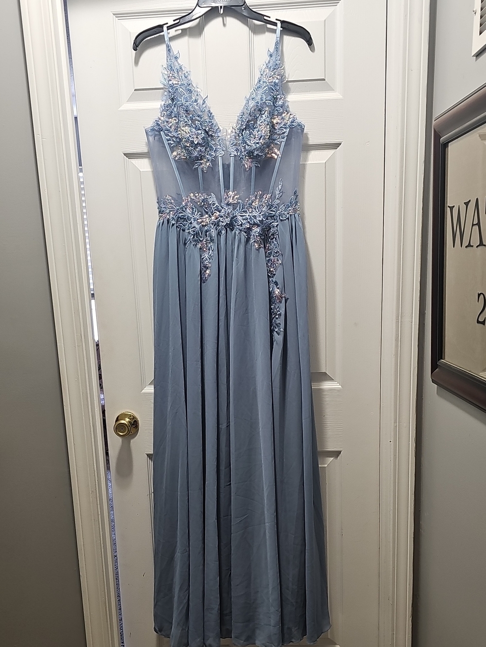 Dusty Blue Floral Applique V-Neck Prom Dress